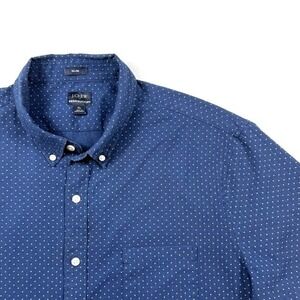 J.Crew Slim Seersucker Short Sleeve Button Down Shirt Blue Polka Dot Mens XL